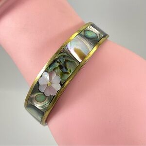 Vintage Abalone Mother of Pearl Flower Inlay Cuff Bracelet Stunning